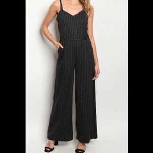 Wide-leg Black Pants Pin Striped Adjustable Straps Romper Jumpsuit